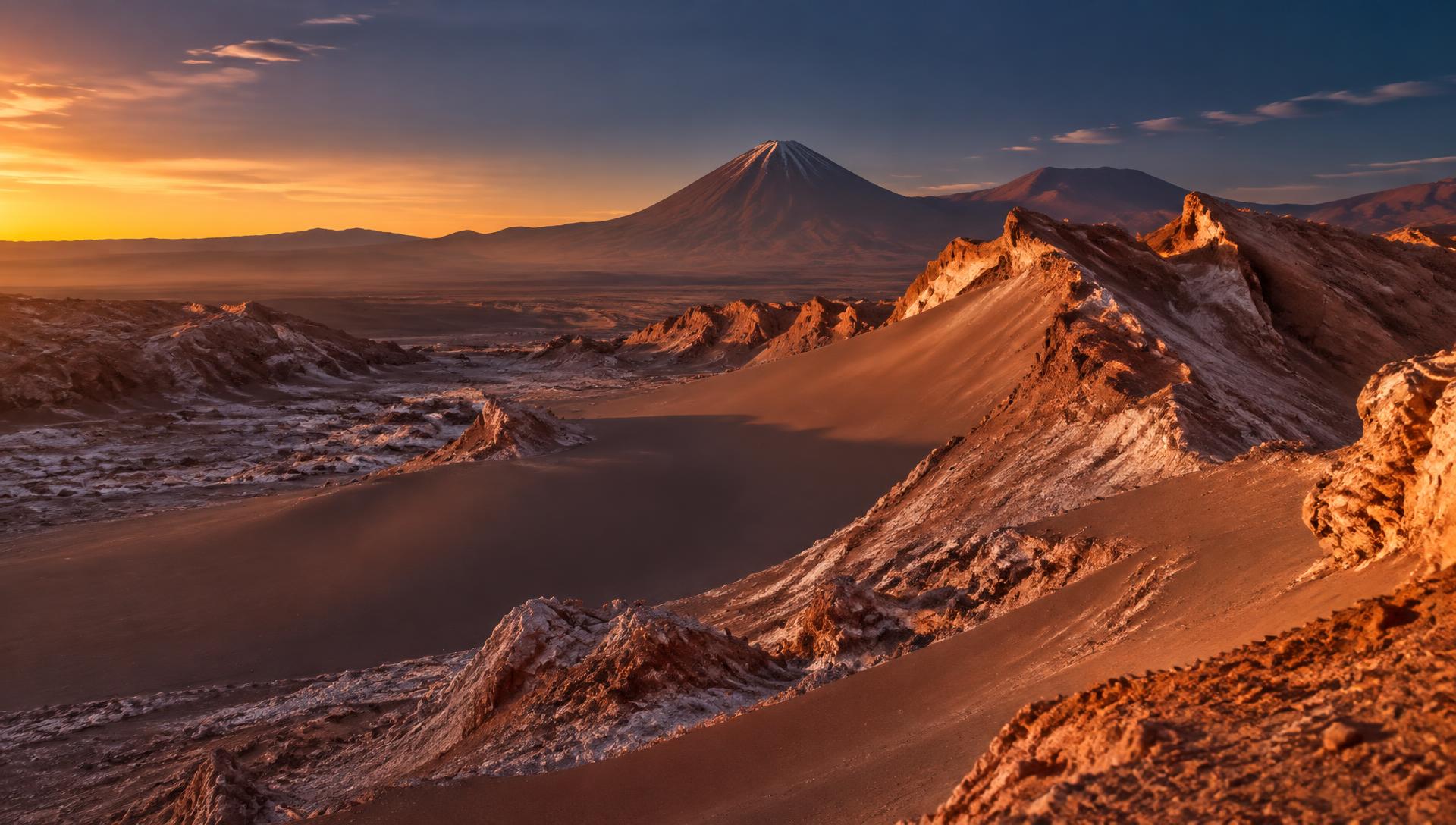 Desierto de Atacama al atardecer con el volcán Licancabur